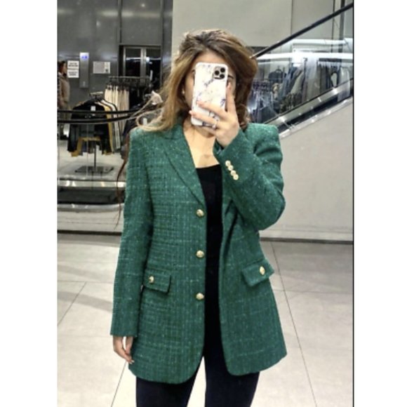 ZARA NEW WOMAN TEXTURED WEAVE TAILORED BLAZER JACKET GREEN 2761/062 Size S - Picture 8 of 15